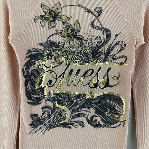GUESS Vintage Y2K Light Baby Pink Gold Floral Fitted Graphic Long Sleeve Top - Picture 5 of 8